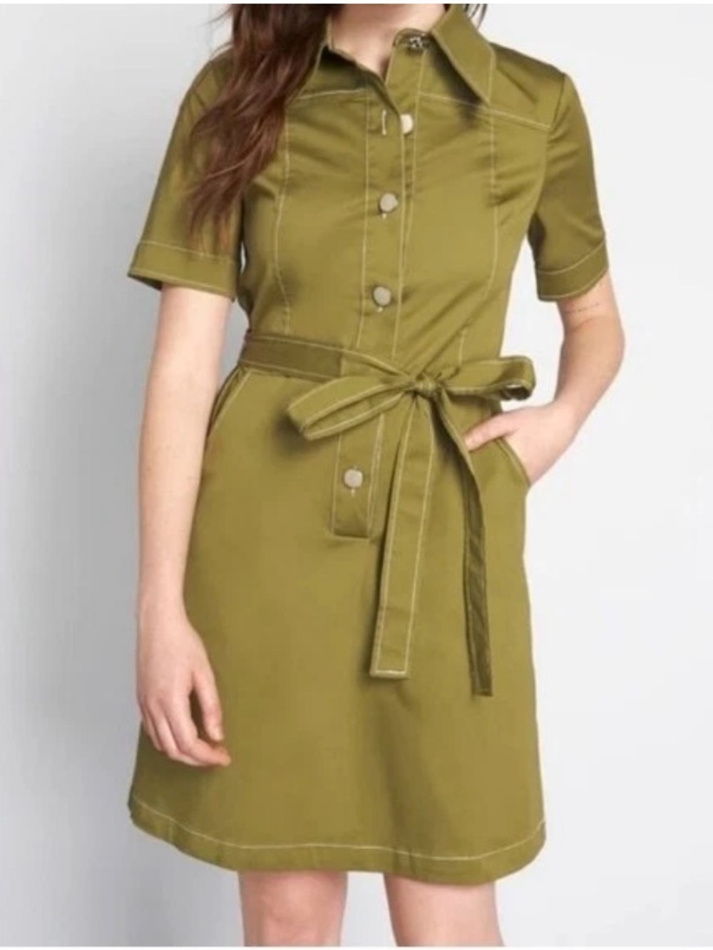 ModCloth Olive Green Short Sleeve Shirt Dress with Tie Waist Size 2 NWT